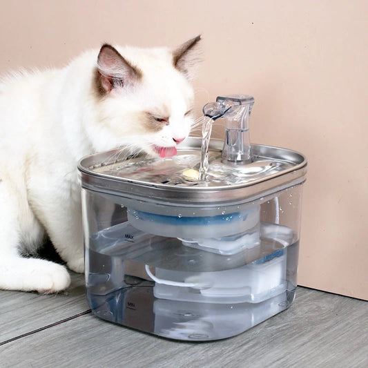 Stainless steel automatic pet water dispenser with 2-litre capacity and ultra-quiet pump