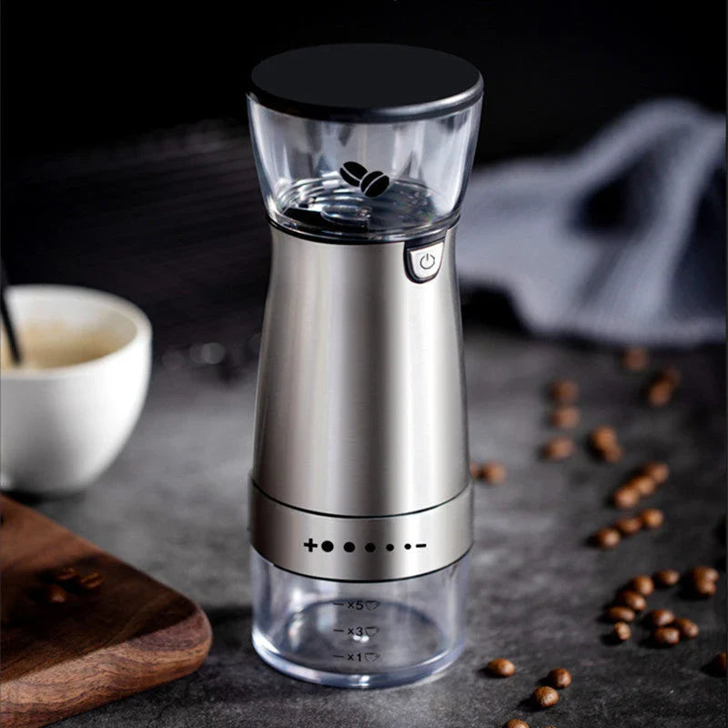 Premium stainless steel electric coffee grinder with adjustable grind settings, USB charging, and sleek modern design