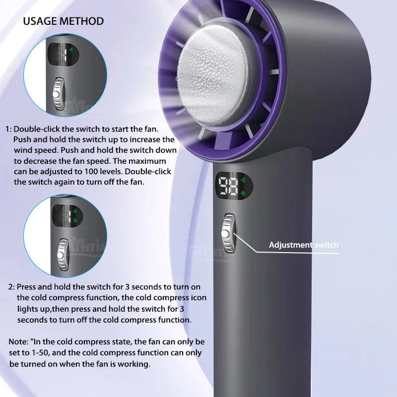 Powerful handheld cooling fan with adjustable wind speeds, long-lasting 3000mAh battery, and semiconductor refrigeration technology