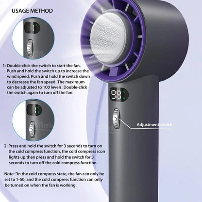 Powerful handheld cooling fan with adjustable wind speeds, long-lasting 3000mAh battery, and semiconductor refrigeration technology