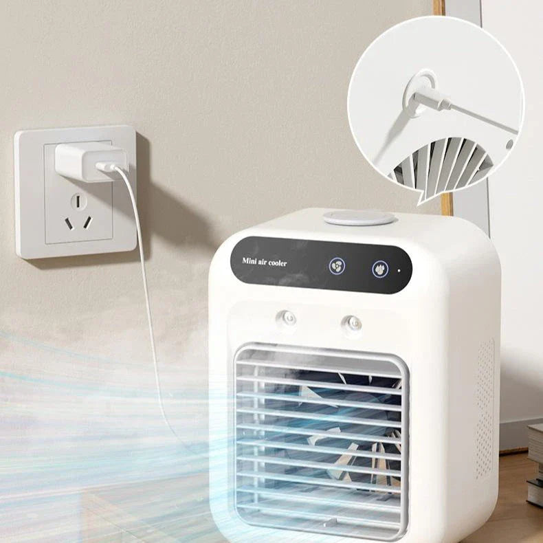 Portable USB-powered air cooler with humidifying function, ideal for home, office, and car use