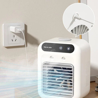 Portable USB-powered air cooler with humidifying function, ideal for home, office, and car use