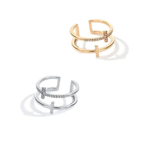 Double Cross Miniature Copper Inlaid Zircon Ring with adjustable opening for women