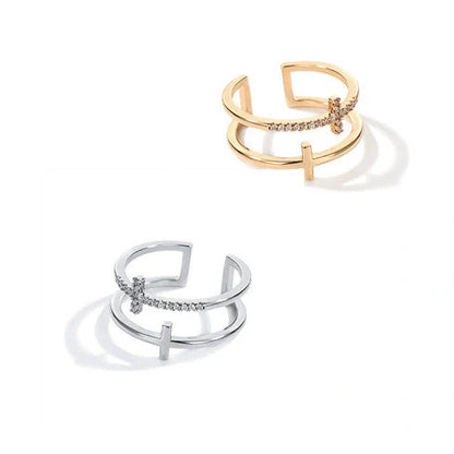 Double Cross Miniature Copper Inlaid Zircon Ring with adjustable opening for women