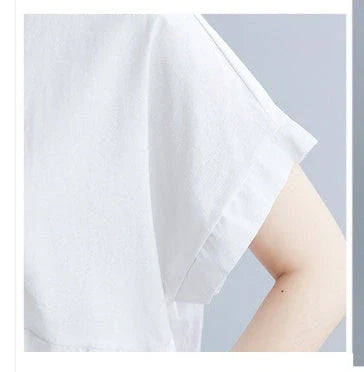 Women's cotton-linen stand collar short sleeves dress in black and white