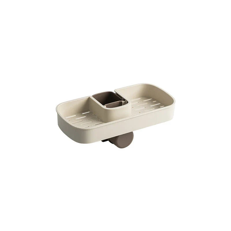 A versatile faucet-mounted sink caddy with compartments for storing sponges, detergent, and other kitchen essentials