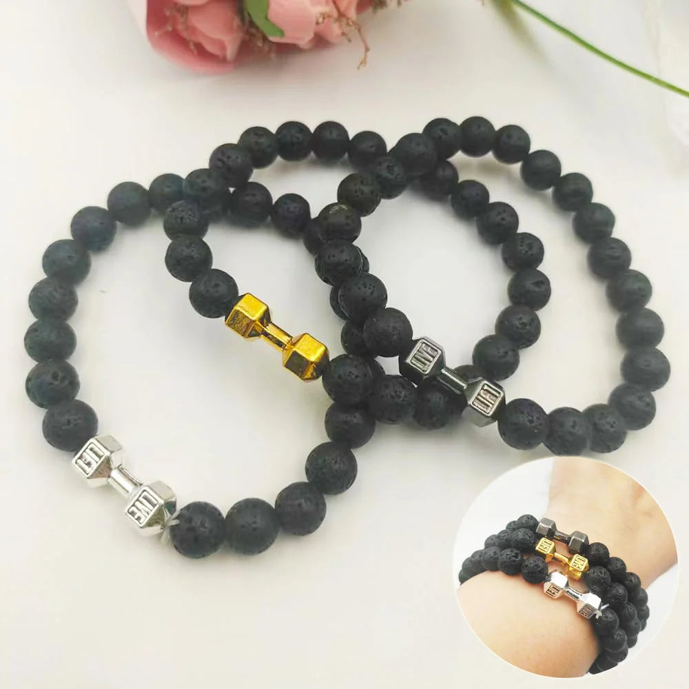 Men's fitness fashion dumbbell bracelet with black and white lava rock and alloy beads