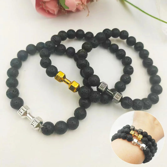 Men's fitness fashion dumbbell bracelet with black and white lava rock and alloy beads