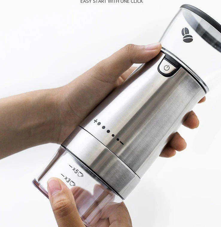 Premium stainless steel electric coffee grinder with adjustable grind settings, USB charging, and sleek modern design