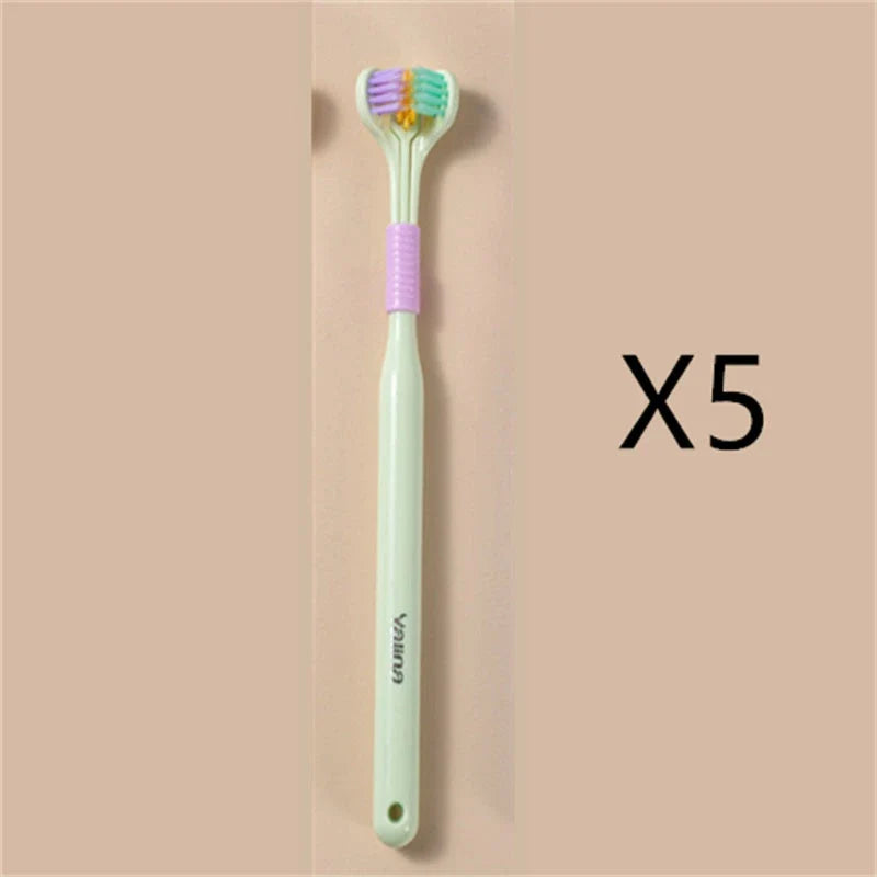 Soft bristle toothbrush with 3-sided brush head for thorough dental cleaning