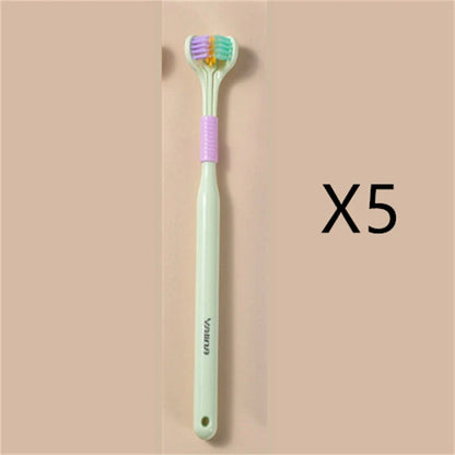 Soft bristle toothbrush with 3-sided brush head for thorough dental cleaning