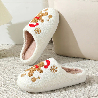 Cozy Christmas snowflake and gingerbread man slippers with plush, non-slip soles for comfortable indoor wear