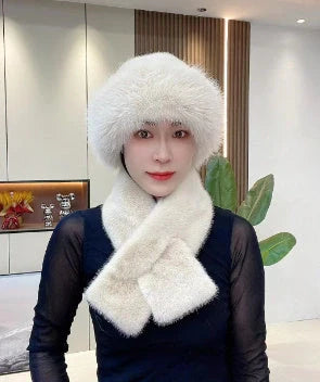 Cosy Mongolian-style unisex winter hat and scarf set in various colours, including black, white, beige, brown, pink, violet, grey, and red