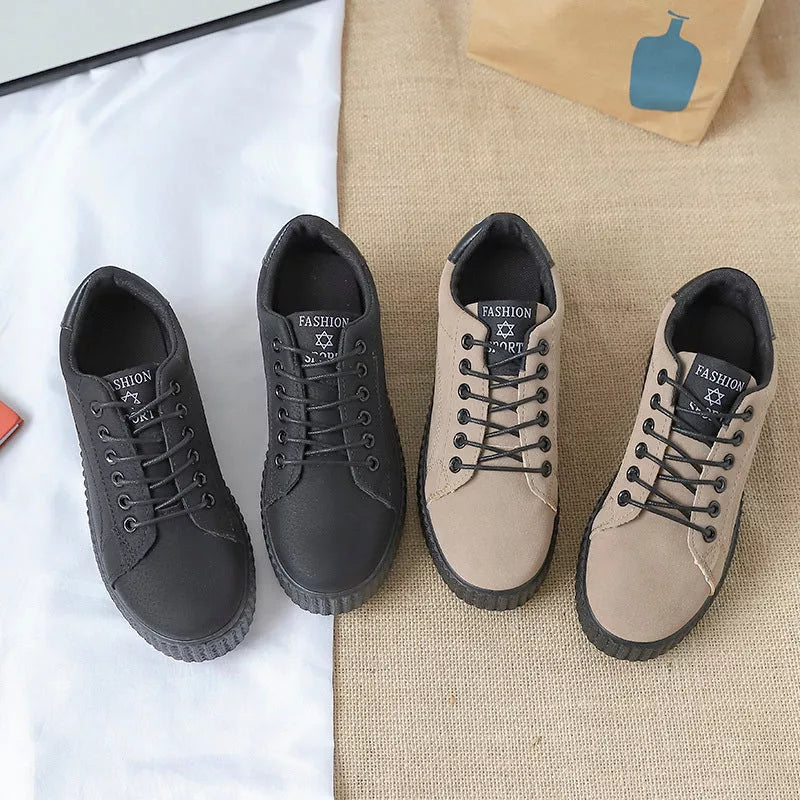 Women's black and khaki lace-up sports shoes with thick rubber sole