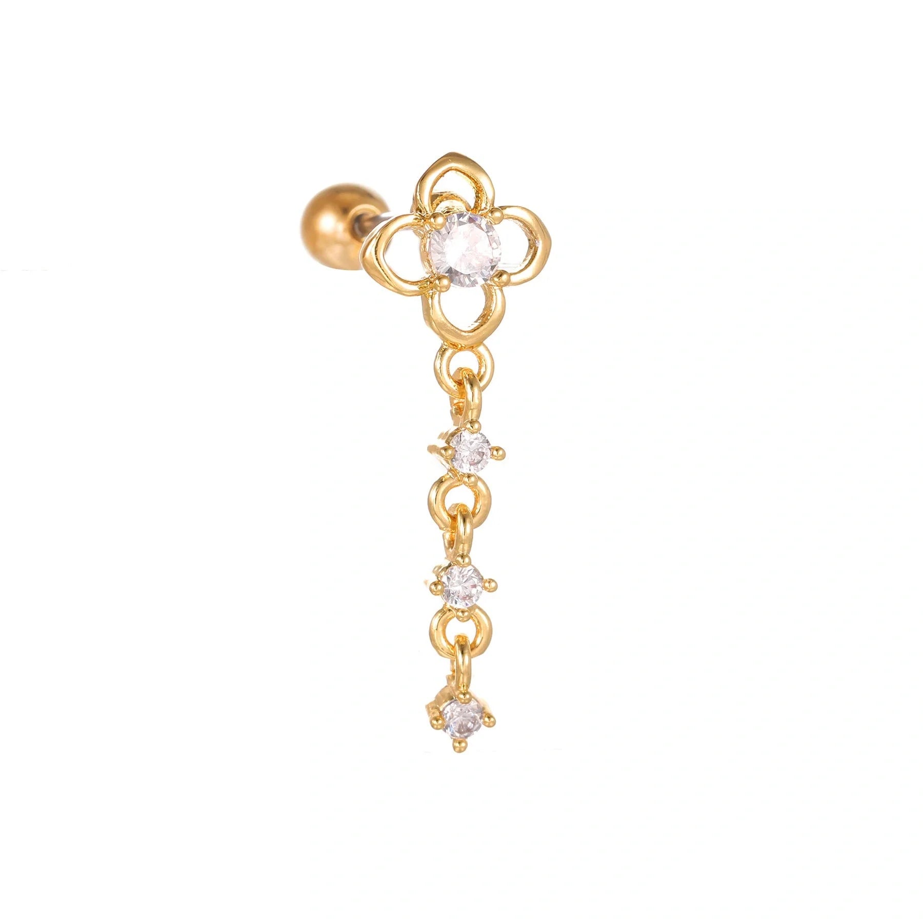 Star and Moon Cubic Zirconia Stainless Steel Cartilage Earring in gold and white K