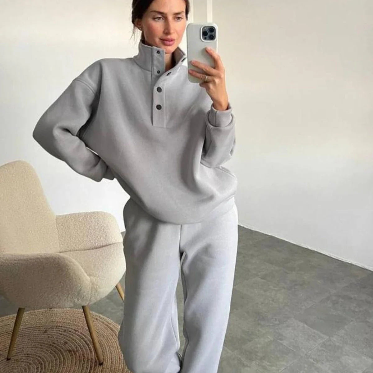 Oversized cotton blend pullover and pant set in neutral colors for comfortable, stylish everyday wear