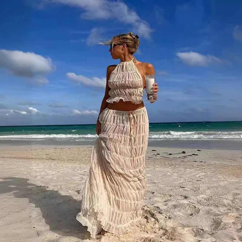 Chic sleeveless backless cropped halter top and pleated maxi dress set in various colors