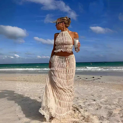 Chic sleeveless backless cropped halter top and pleated maxi dress set in various colors