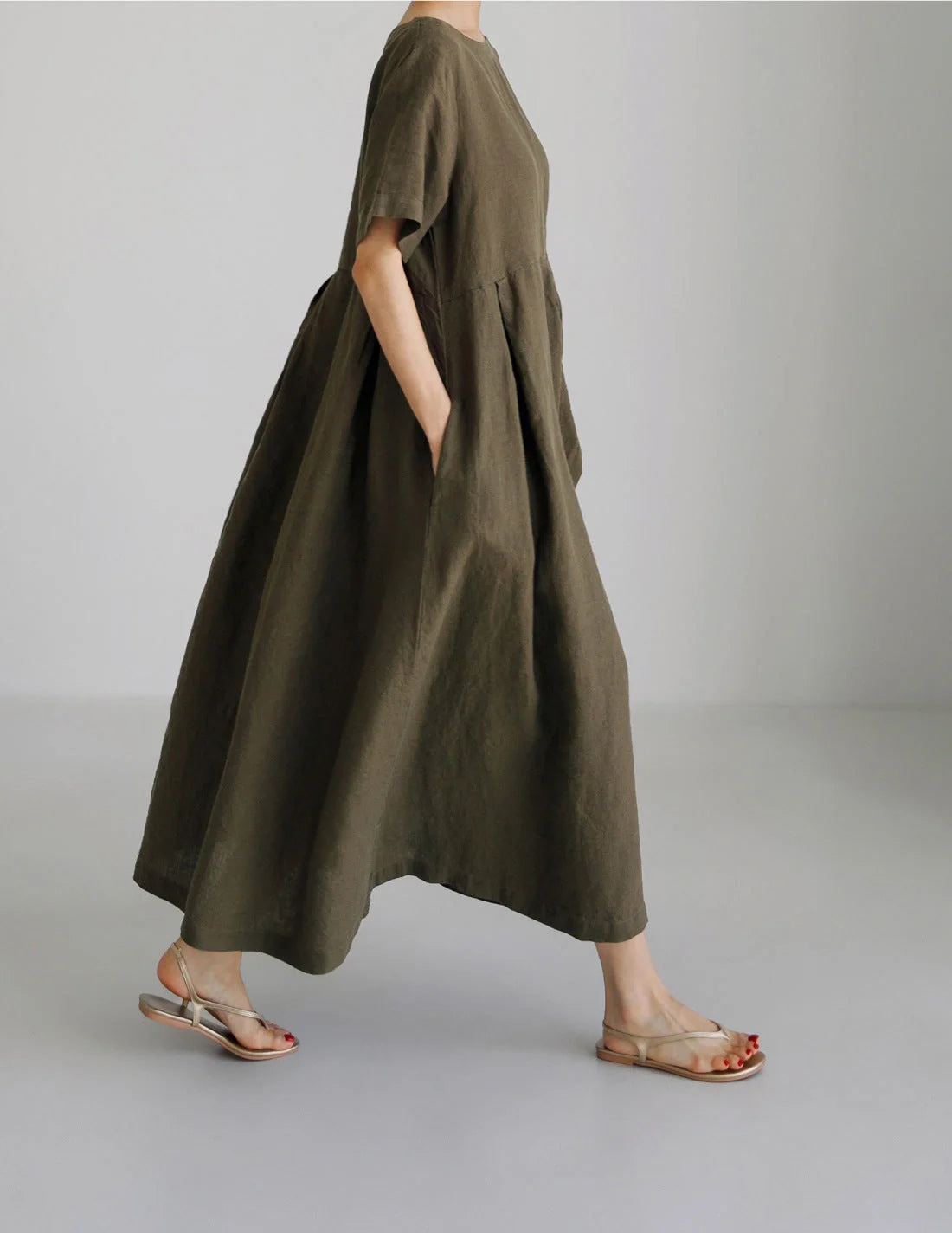 Relaxed Linen and Cotton Round Neck Dress in Navy Blue, Army Green, and Apricot Colours