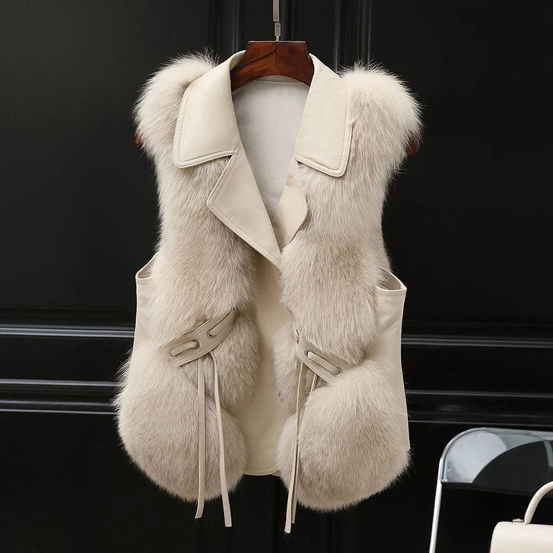 Women's patchwork winter fox fur jacket in milk tea and camel colours