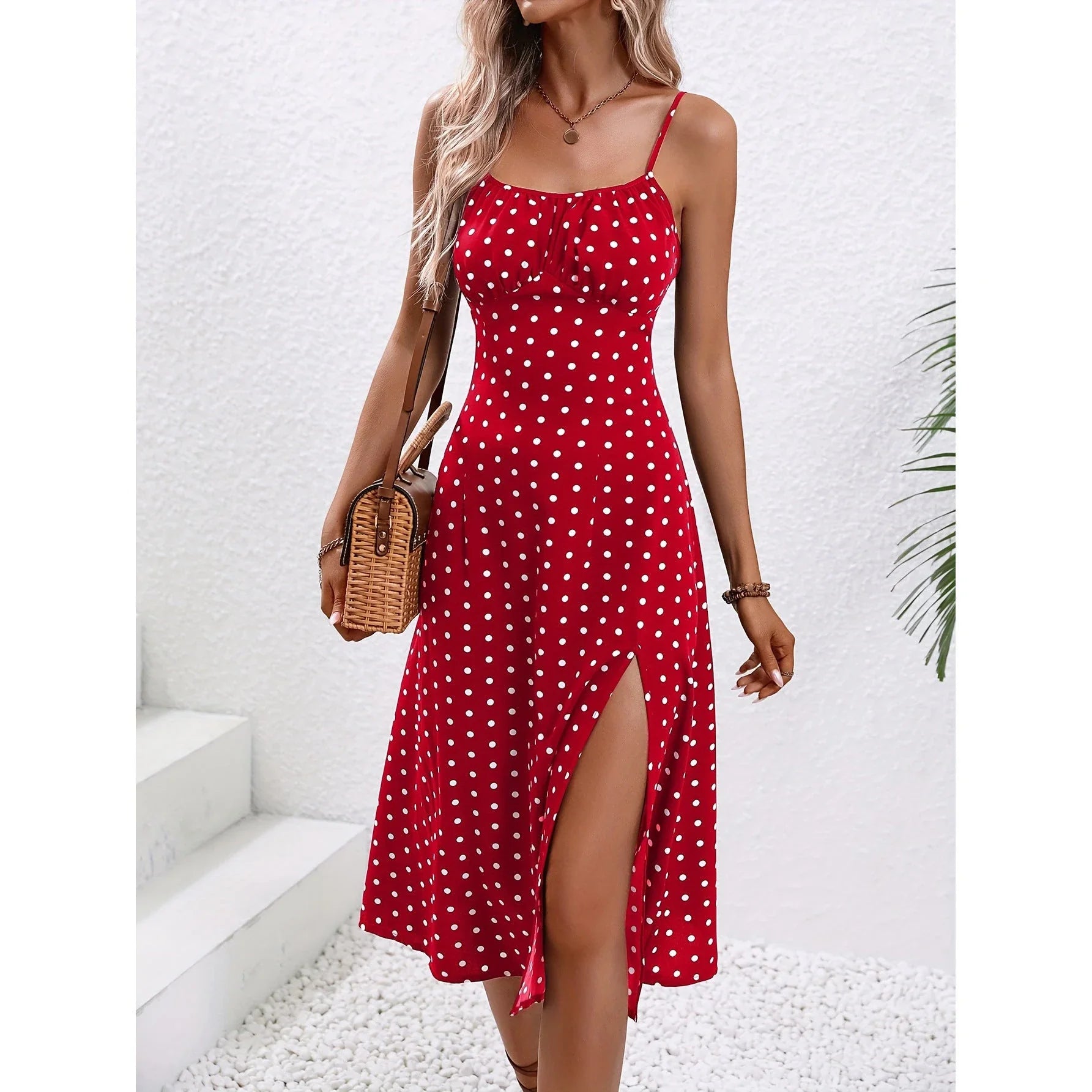 Stylish polka dot suspender dress in multiple colors and sizes for a chic summer look