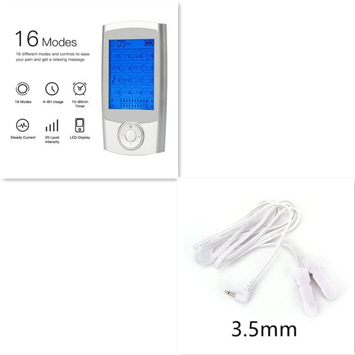 Digital physiotherapy TENS massager with 16 massage modes, adjustable intensity and timer, dual output channels, and compact design for pain relief and muscle relaxation