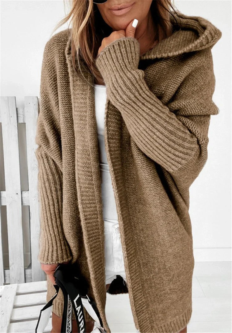 Women's bat sleeve hooded cardigan in sheep wool blend, available in multiple colours