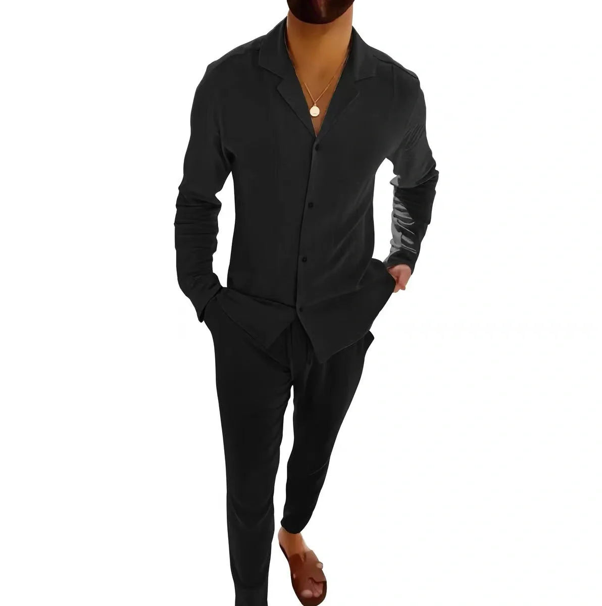 Men's casual long-sleeved suits with single-breasted shirt and slim-fit trousers in various colours
