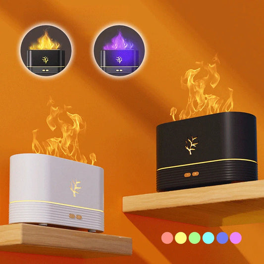 USB Flame Humidifier with aroma diffuser and LED night light in white and black
