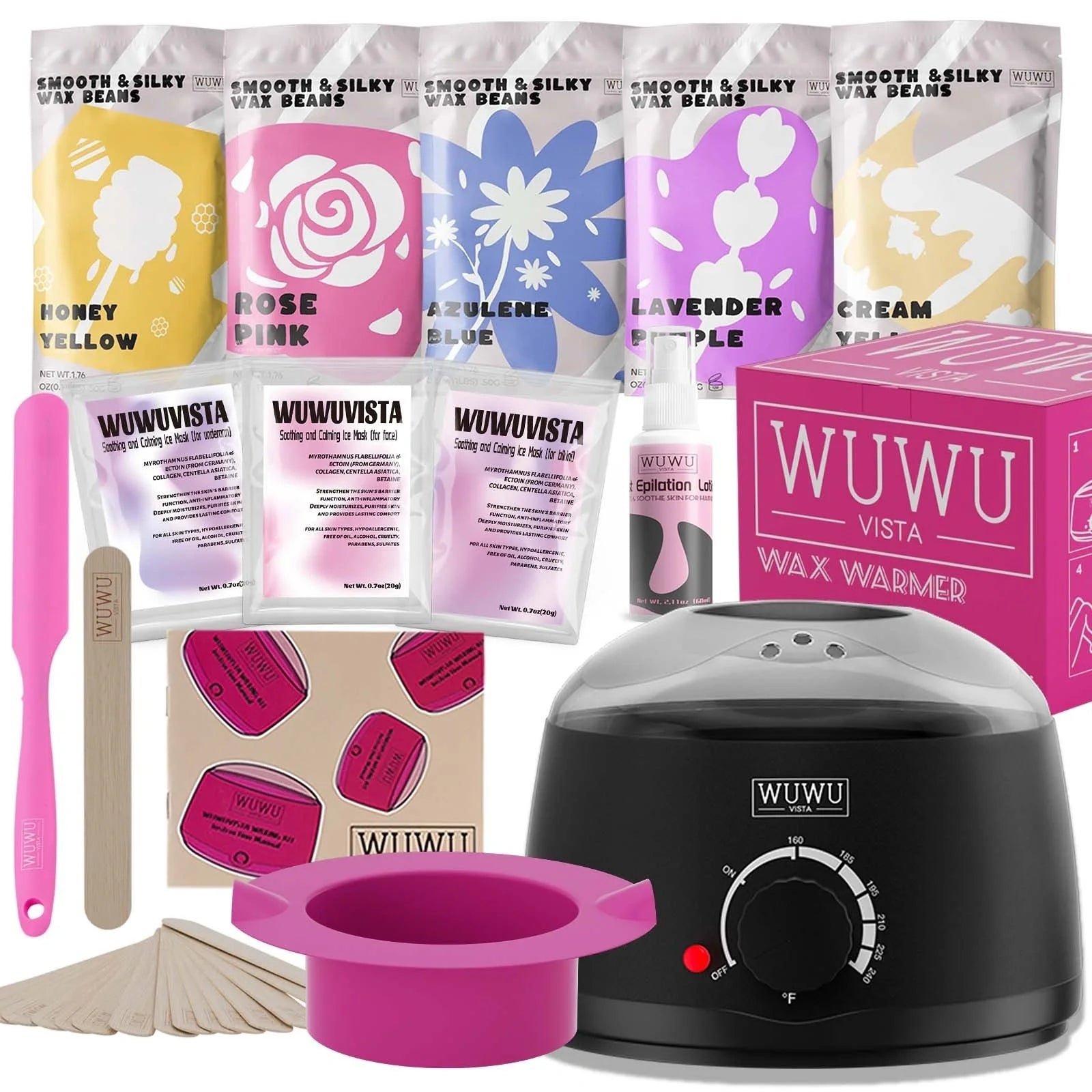 Premium hair removal kit with wax warmer, wax beads, and post-epilation products for smooth, hairless skin