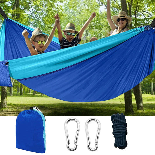 Premium double hammock for outdoor camping and hunting, made with soft, breathable fabric and reinforced climbing ropes