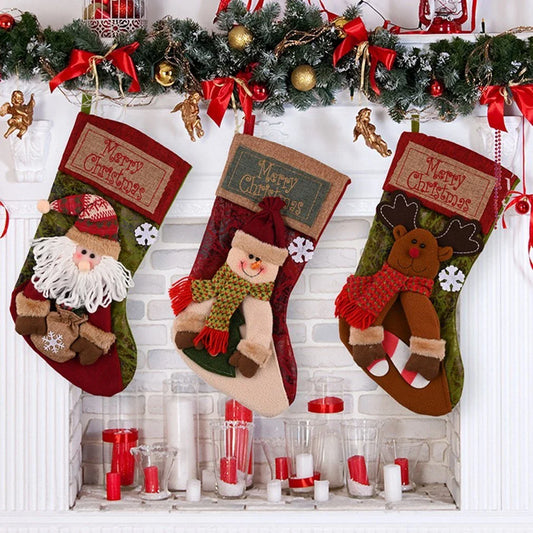 Festive Christmas stockings with 3D appliqués of snowmen, Santa Claus, and elk