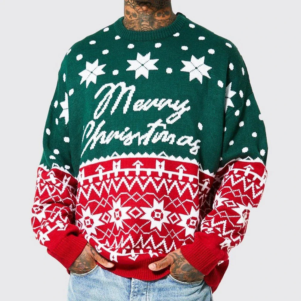 Men's knit jacquard pullover sweater in green and white colors, featuring a relaxed fit and soft, breathable viscose fabric for comfortable wear during autumn, winter, and Christmas seasons.