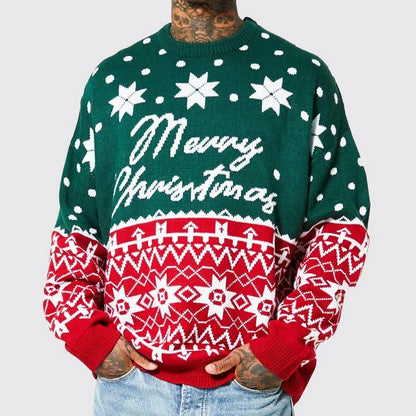 Men's knit jacquard pullover sweater in green and white colors, featuring a relaxed fit and soft, breathable viscose fabric for comfortable wear during autumn, winter, and Christmas seasons.