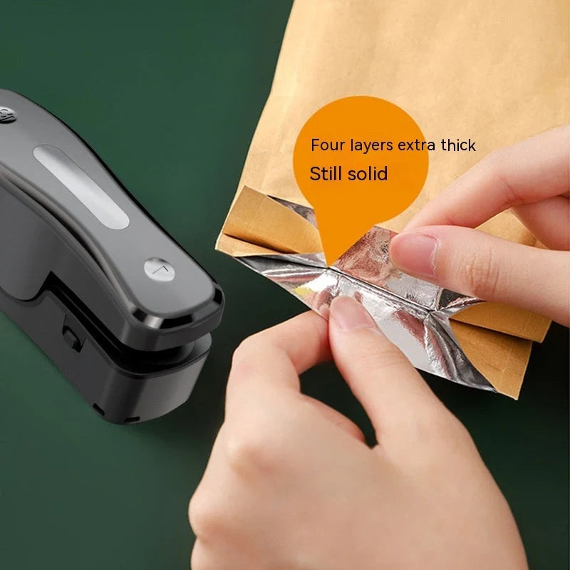 Compact USB mini sealing machine for kitchen food preservation in black and milky white
