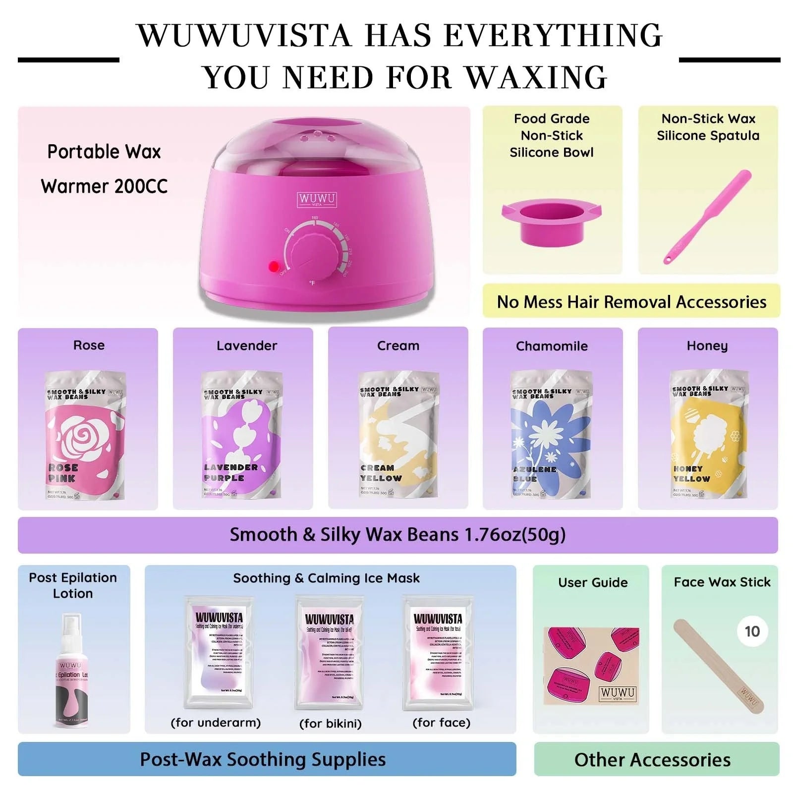 Premium hair removal kit with wax warmer, wax beads, and post-epilation products for smooth, hairless skin