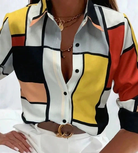A colourblock printed casual blouse with long sleeves, perfect for everyday wear