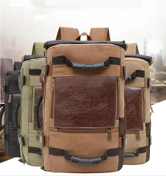 Men's canvas backpack with reinforced handle and multiple pockets