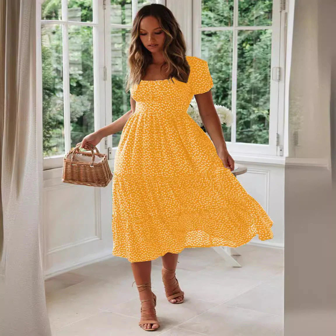 Elegant floral puff sleeve midi dress in various colours and patterns