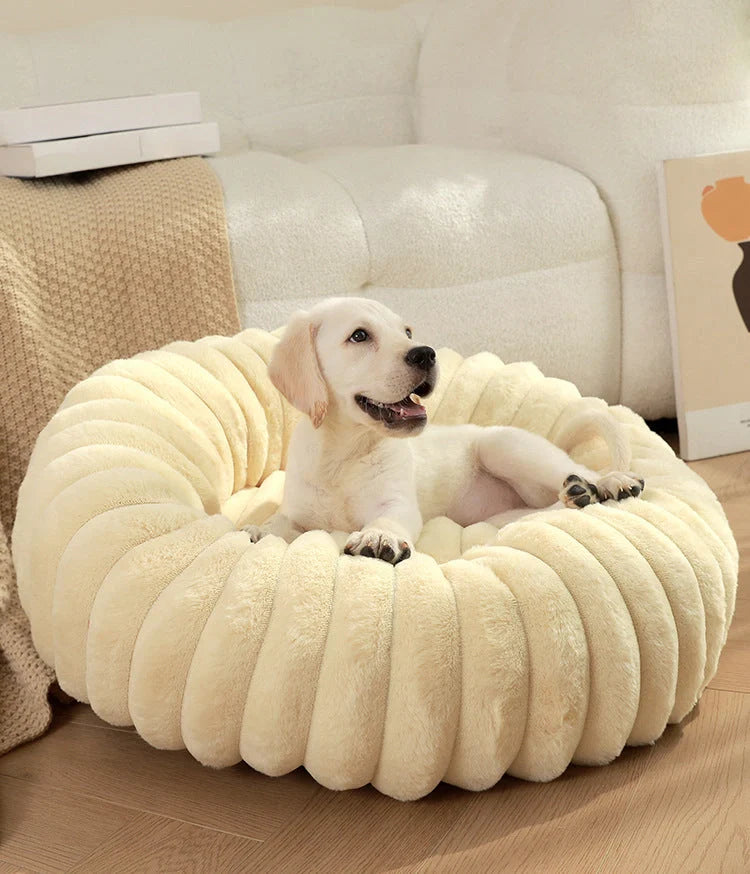 Plush round pet kennel for dogs, available in multiple colours and sizes for winter comfort