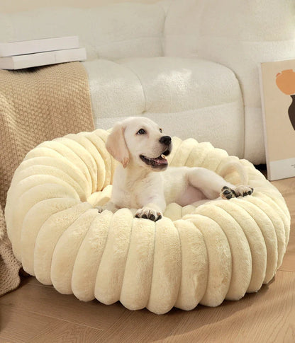 Plush round pet kennel for dogs, available in multiple colours and sizes for winter comfort