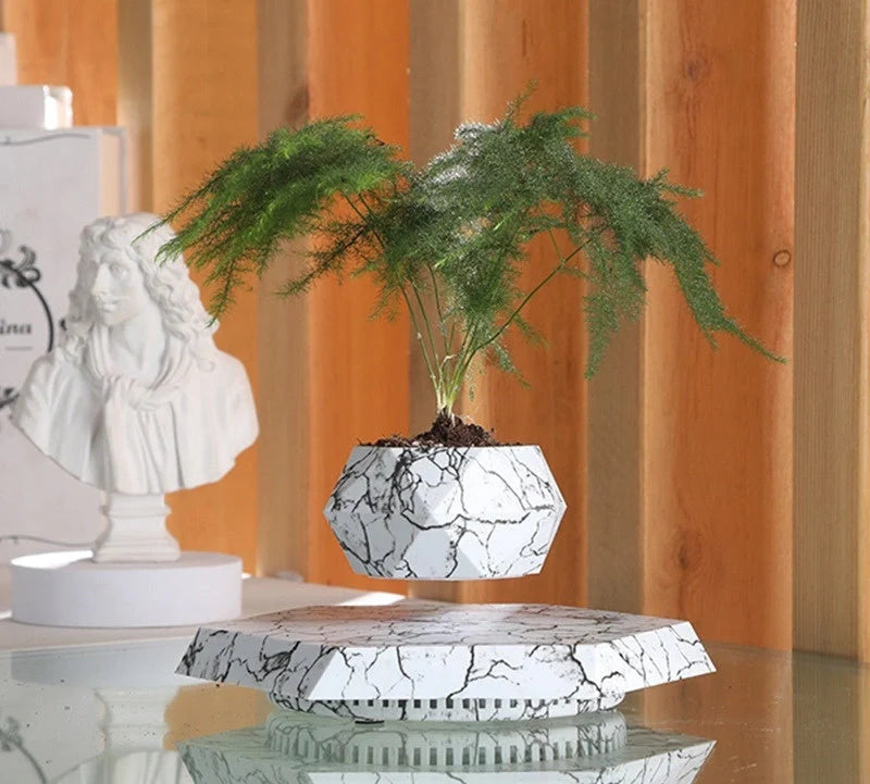 Levitating marble bonsai pot floating above magnetic base