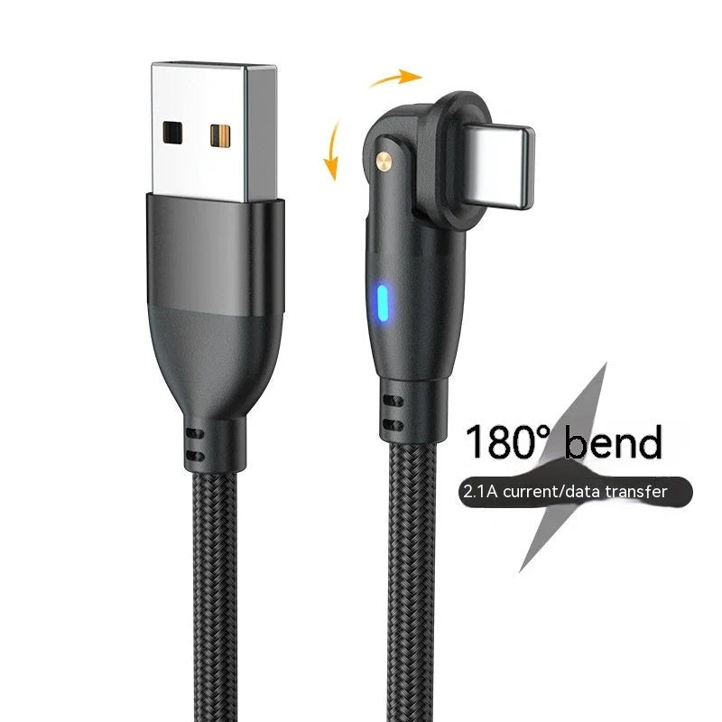 180-degree bendable fast charge data cable in black, red, and purple