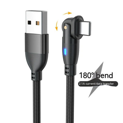180-degree bendable fast charge data cable in black, red, and purple