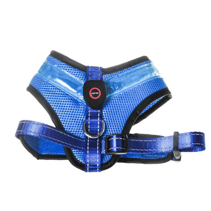 USB charging LED dog harness in blue, red, or green with reflective safety features