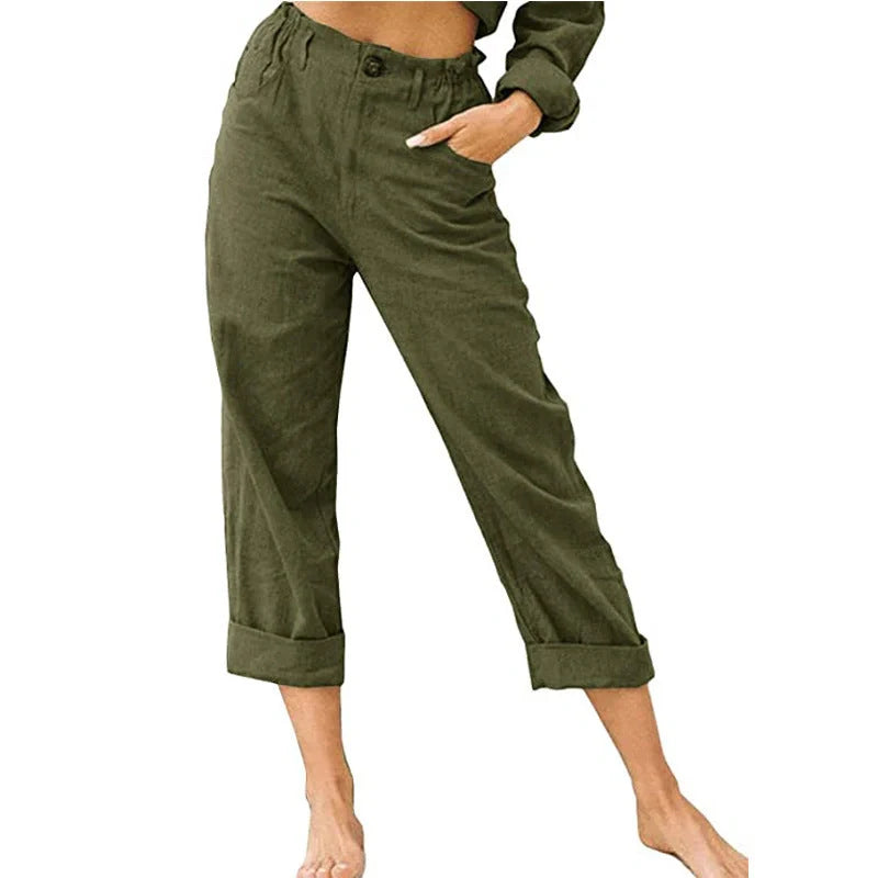 Women's cotton linen patchwork pants with drawstring back and elastic waist in various colours