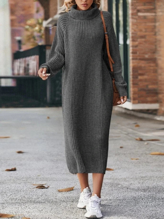 Cosy knitted turtleneck dress in a range of colours, including milky white, caramel, black, dark gray, and dark green