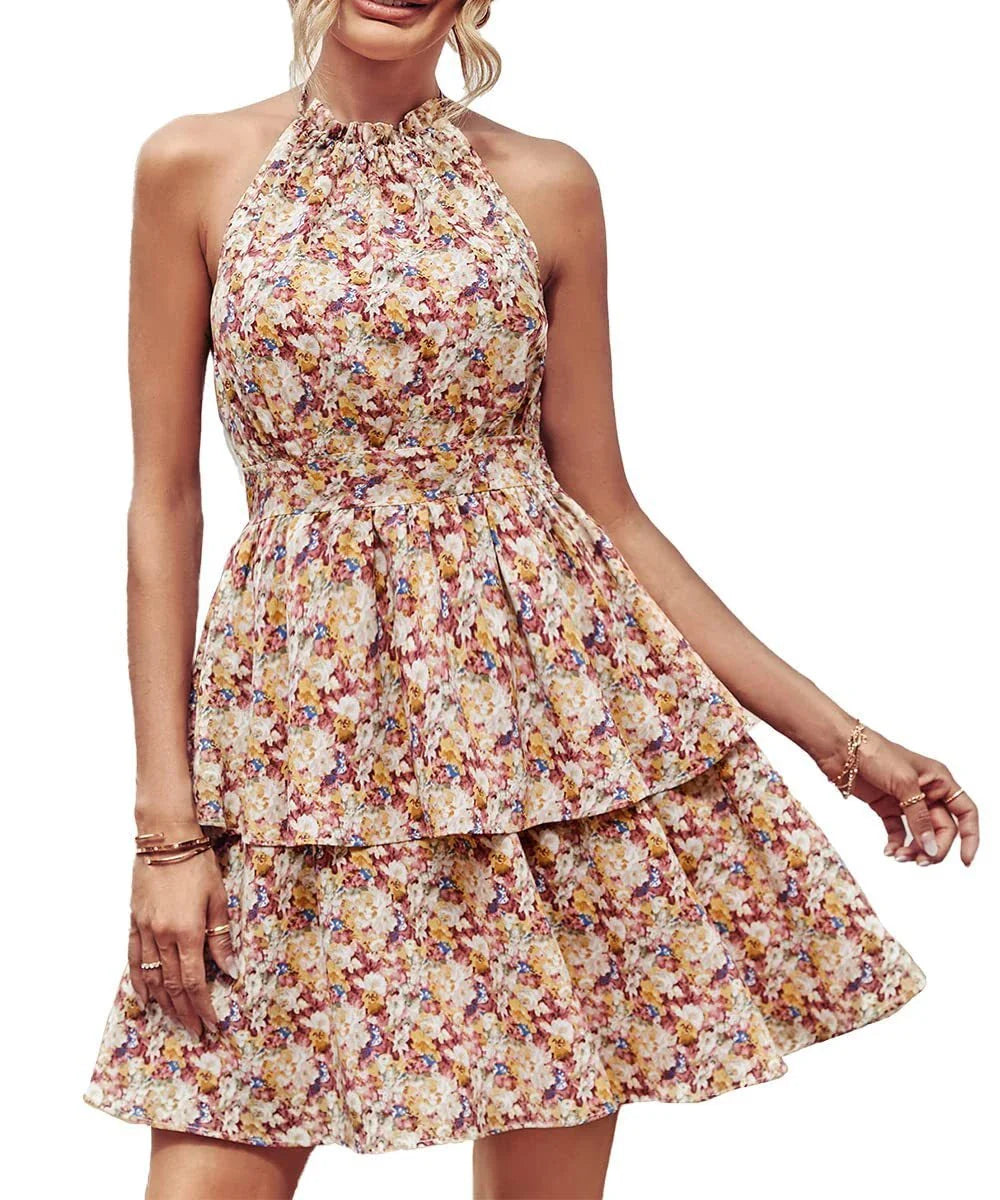 Stylish backless halter dress in various colors, featuring a ruffled A-line silhouette and comfortable polyester fabric for summer fashion