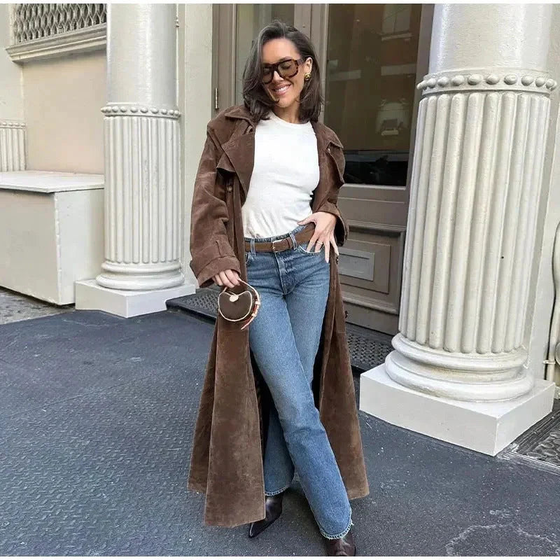 Double-breasted vintage suede long coat with belt for women in brown and light brown