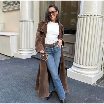 Double-breasted vintage suede long coat with belt for women in brown and light brown